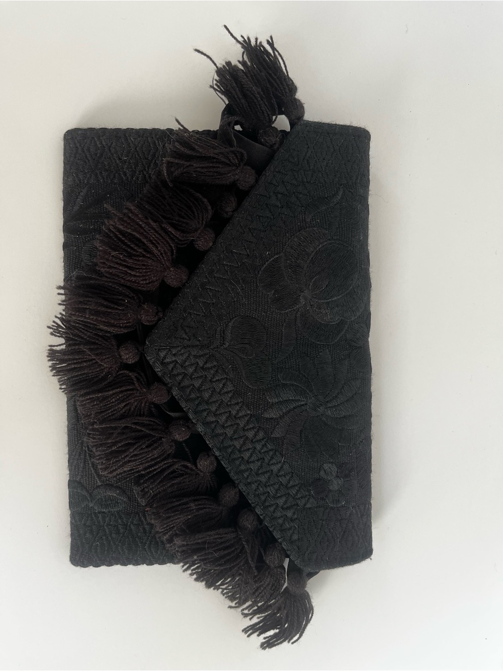 Black Tassel-Trim Embroidered Women's Clutch